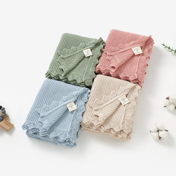 Organic cotton lace knitted baby blanket, 70 × 90 cm