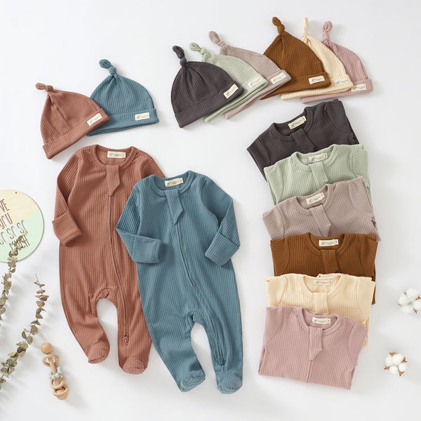 Organic Cotton Ribbed Sleepsuit & Hat Set with Two Way Zipper | 0-24 M - Tiny Alpaca UK