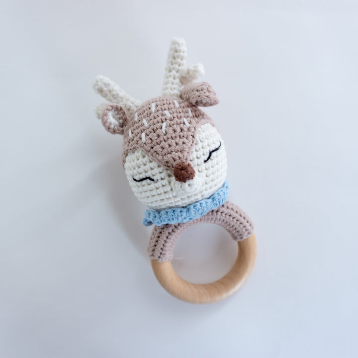 Crochet Rattle Teether in "Blue Deer"