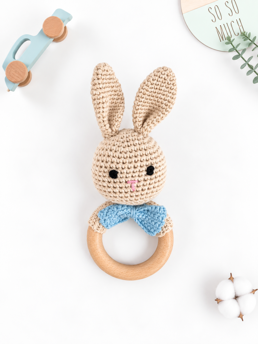 Crochet Rattle Teether in "Blue Rabbit"