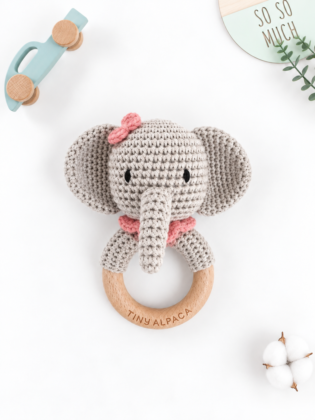 Crochet Rattle Teether in "Pink Elephant"