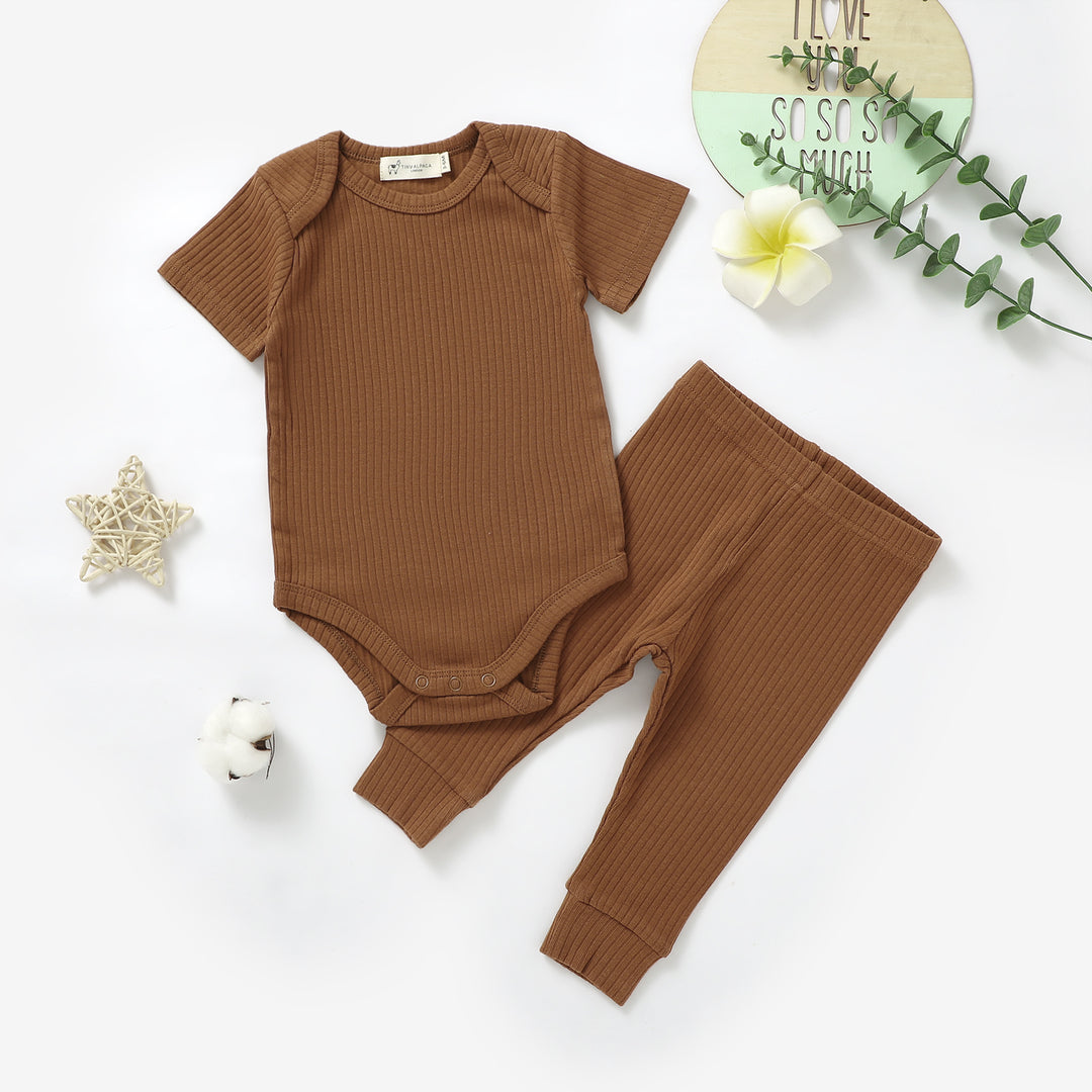 ORGANIC NATURAL COTTON RIBBED BABY SHORT SLEEVE BODYSUIT & BOTTOMS