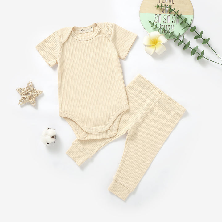 ORGANIC NATURAL COTTON RIBBED BABY SHORT SLEEVE BODYSUIT & BOTTOMS