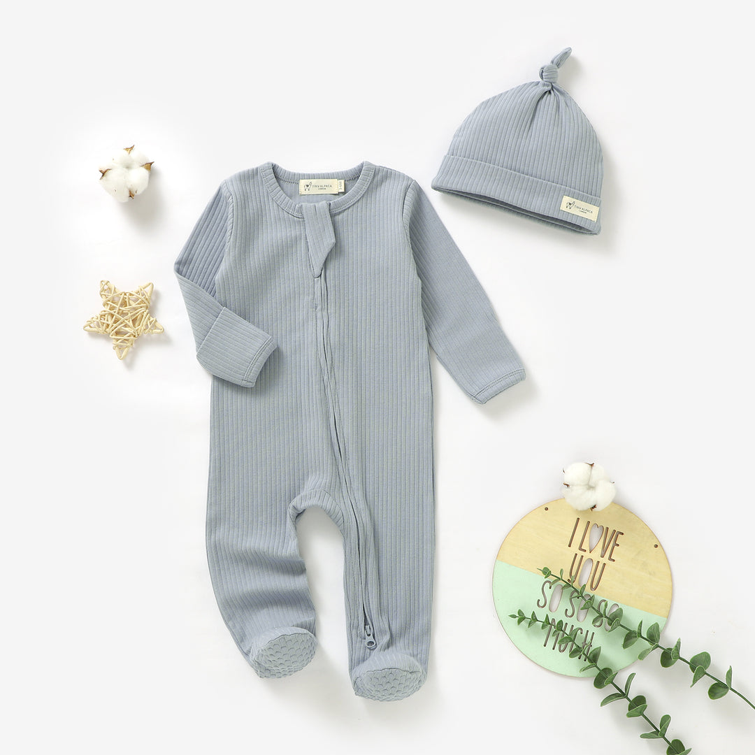 Organic Cotton Ribbed Sleepsuit & Hat Set with Two Way Zipper | 0-24 M