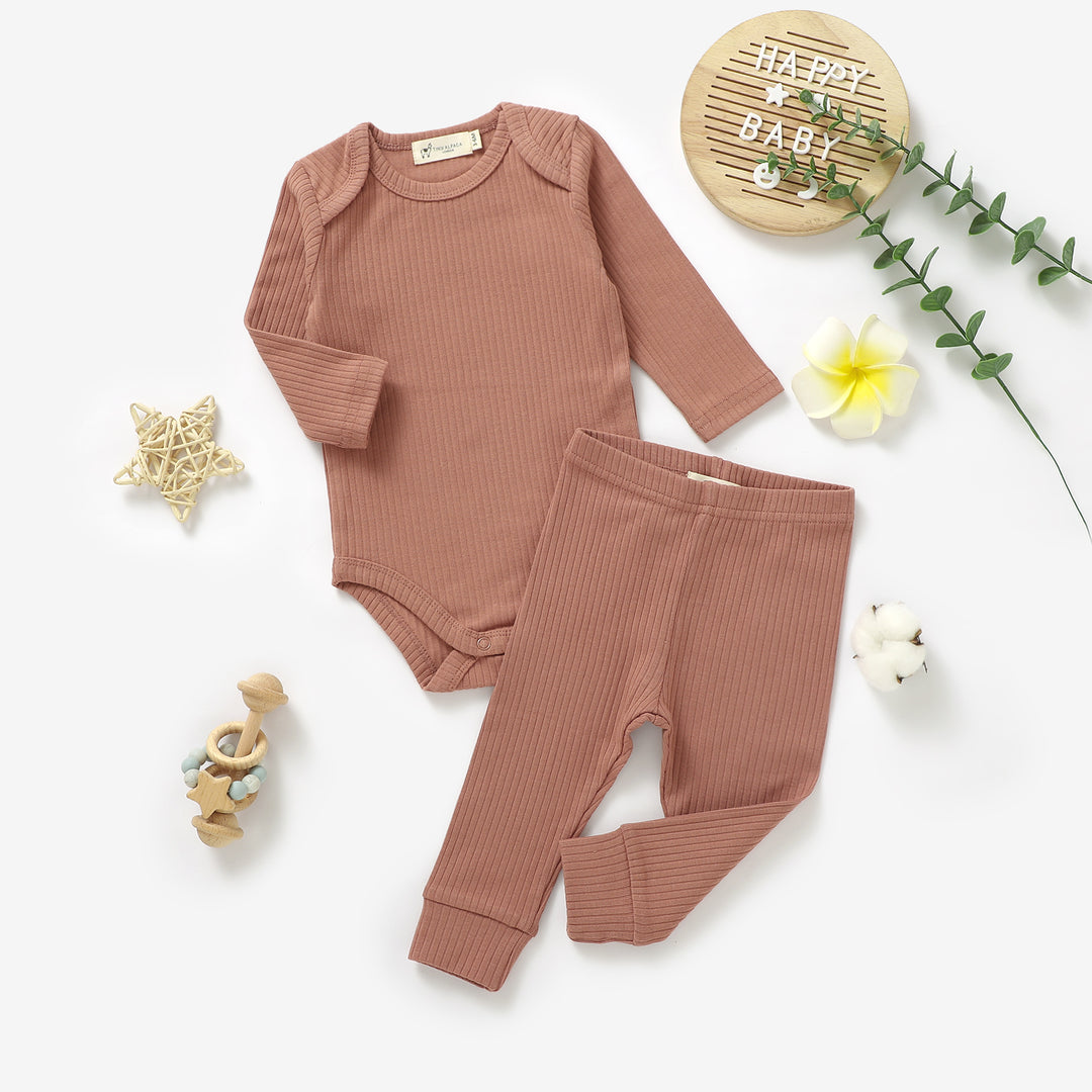 ORGANIC NATURAL COTTON RIBBED BABY LONG SLEEVE BODYSUIT & BOTTOMS - Tiny Alpaca UK