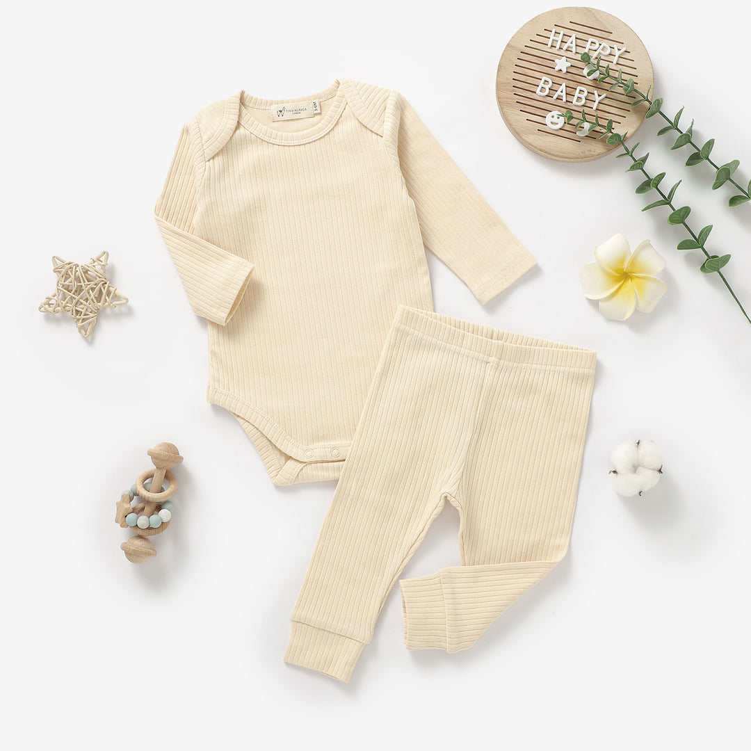 ORGANIC NATURAL COTTON RIBBED BABY LONG SLEEVE BODYSUIT & BOTTOMS - Tiny Alpaca UK