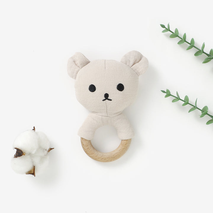 Organic cotton bear rattle with beech wood teething ring 3m+