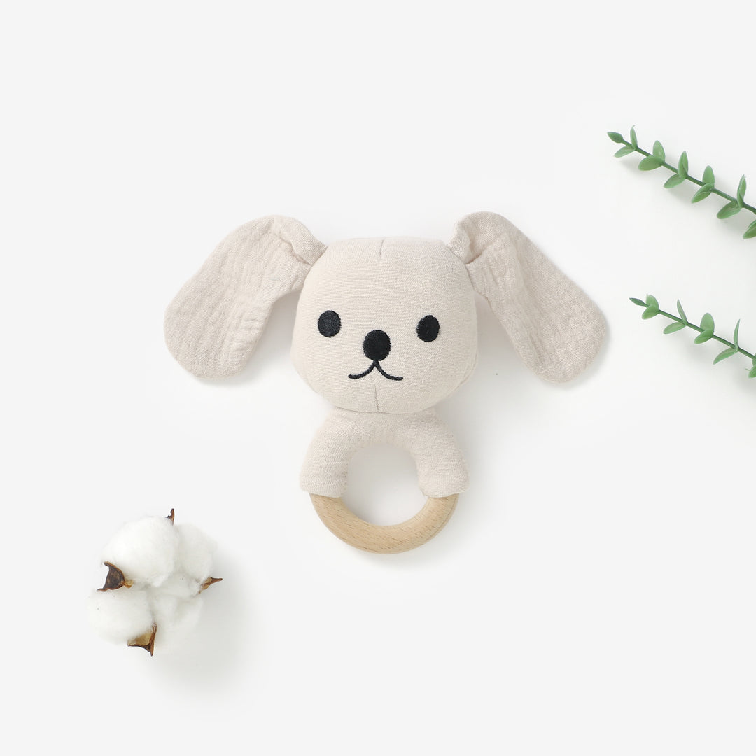 Organic cotton puppy rattle with beech wood teething ring 3m+