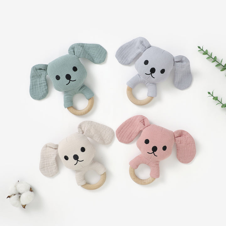 Organic cotton puppy rattle with beech wood teething ring 3m+