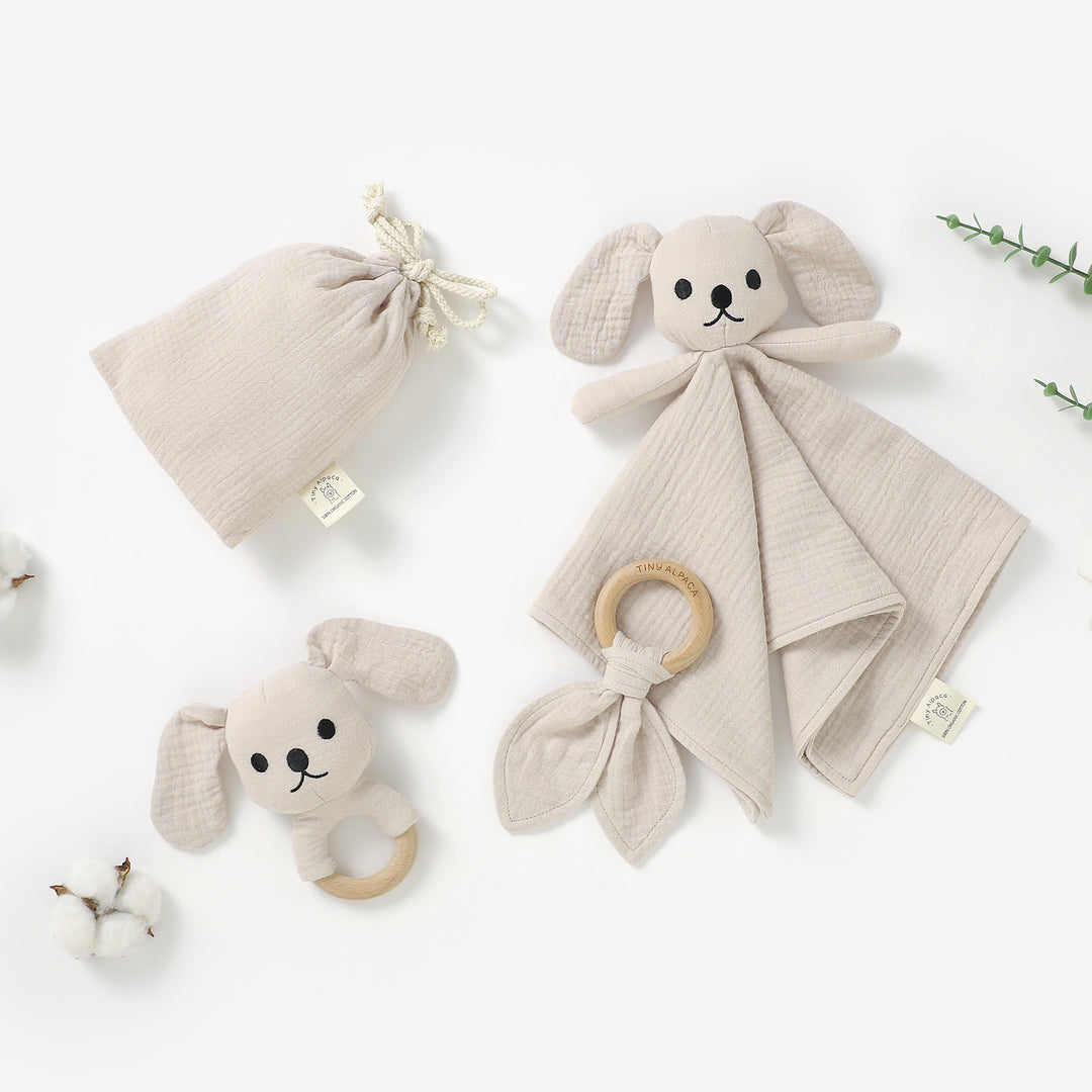 Organic cotton puppy comforter and rattle set with teether 6m+