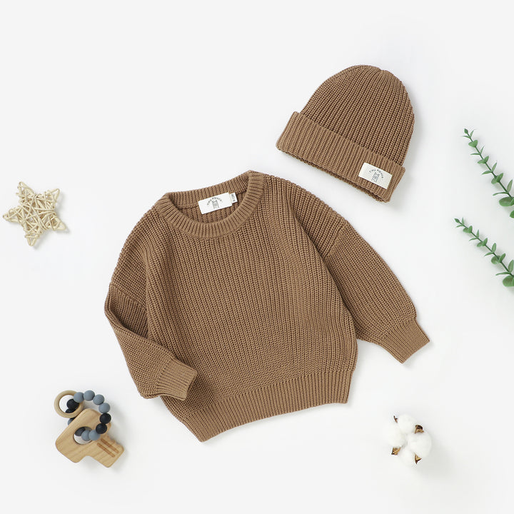 Organic Natural Cotton Baby Knitted Sweater & Beanie Hat | 0-3 Years