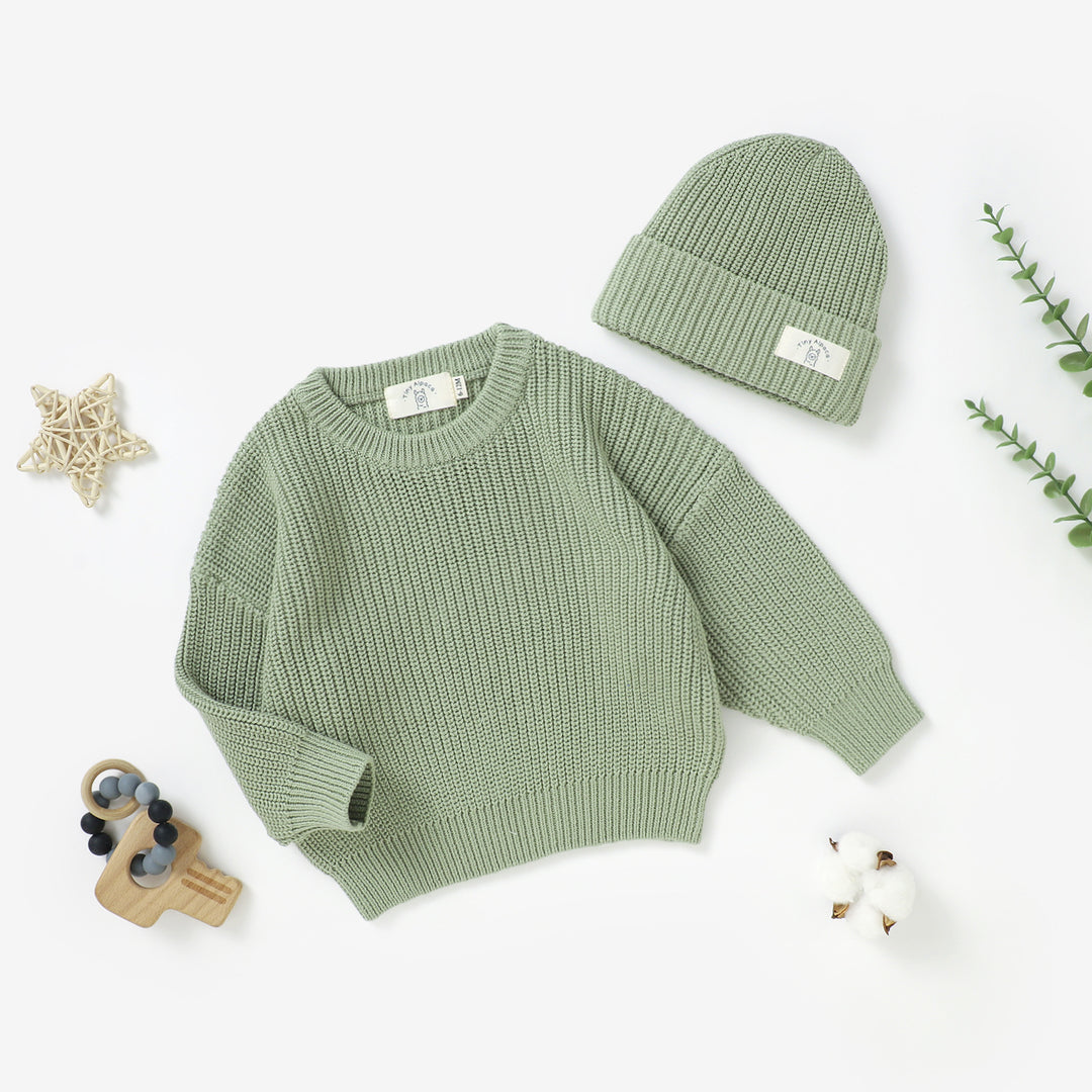 Organic Natural Cotton Baby Knitted Sweater & Beanie Hat | 0-3 Years