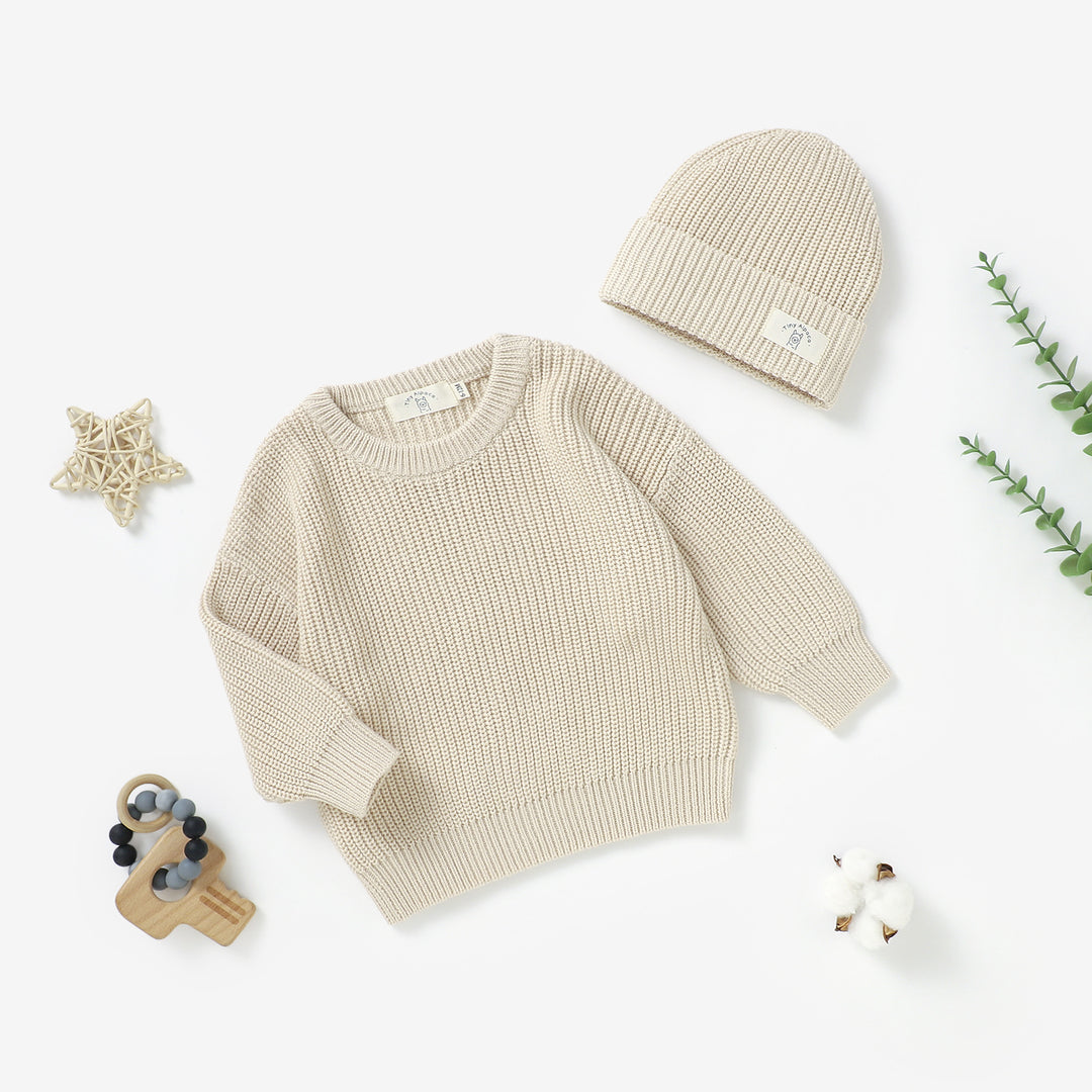 Organic Natural Cotton Baby Knitted Sweater & Beanie Hat | 0-3 Years