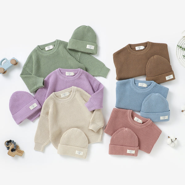 Organic cotton knitted sweater and beanie hat set, 0–3y