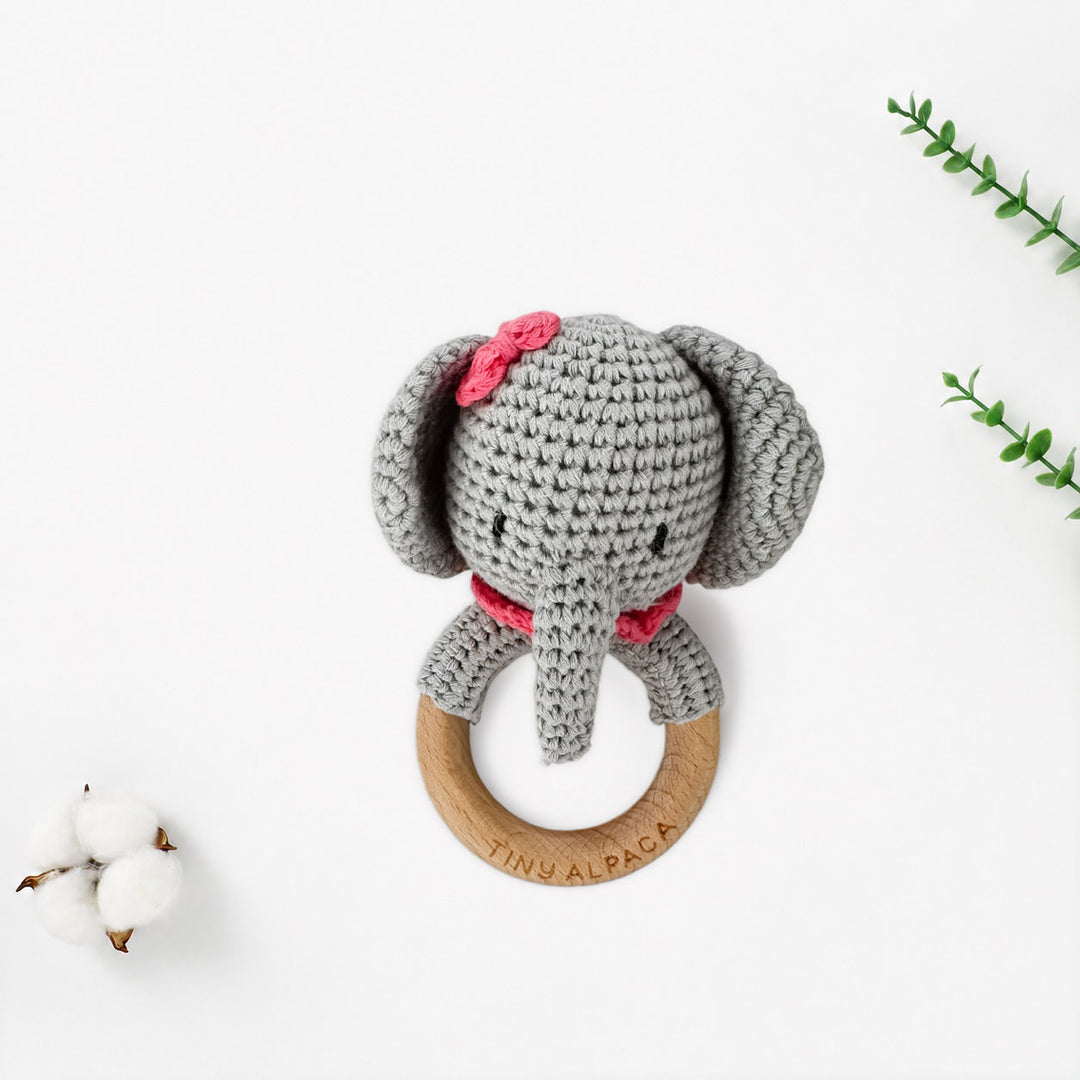 Crochet elephant rattle teether with beech wood ring