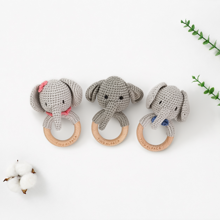 Crochet elephant rattle teether with beech wood ring