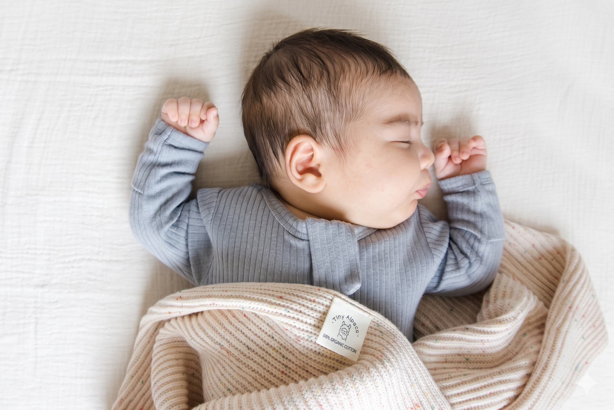 Baby wearing a soft ribbed sleepsuit while lying on a knitted blanket