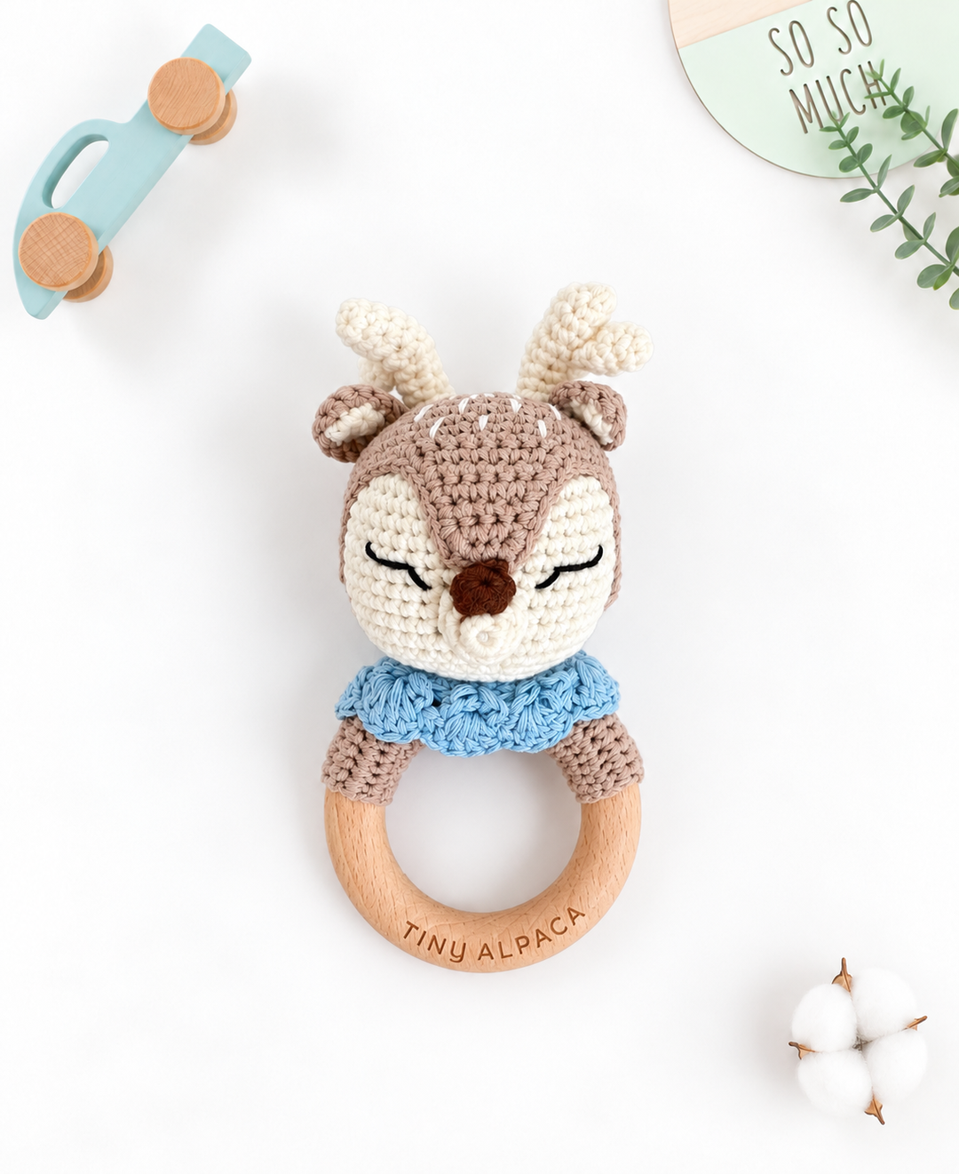 Crochet Rattle Teether in "Blue Deer"