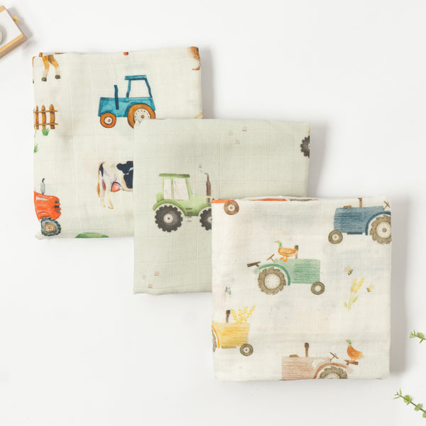 Three bamboo muslin cloths in farmyard prints with tractors, cows and ducks, folded, set of 3, 60x60cm