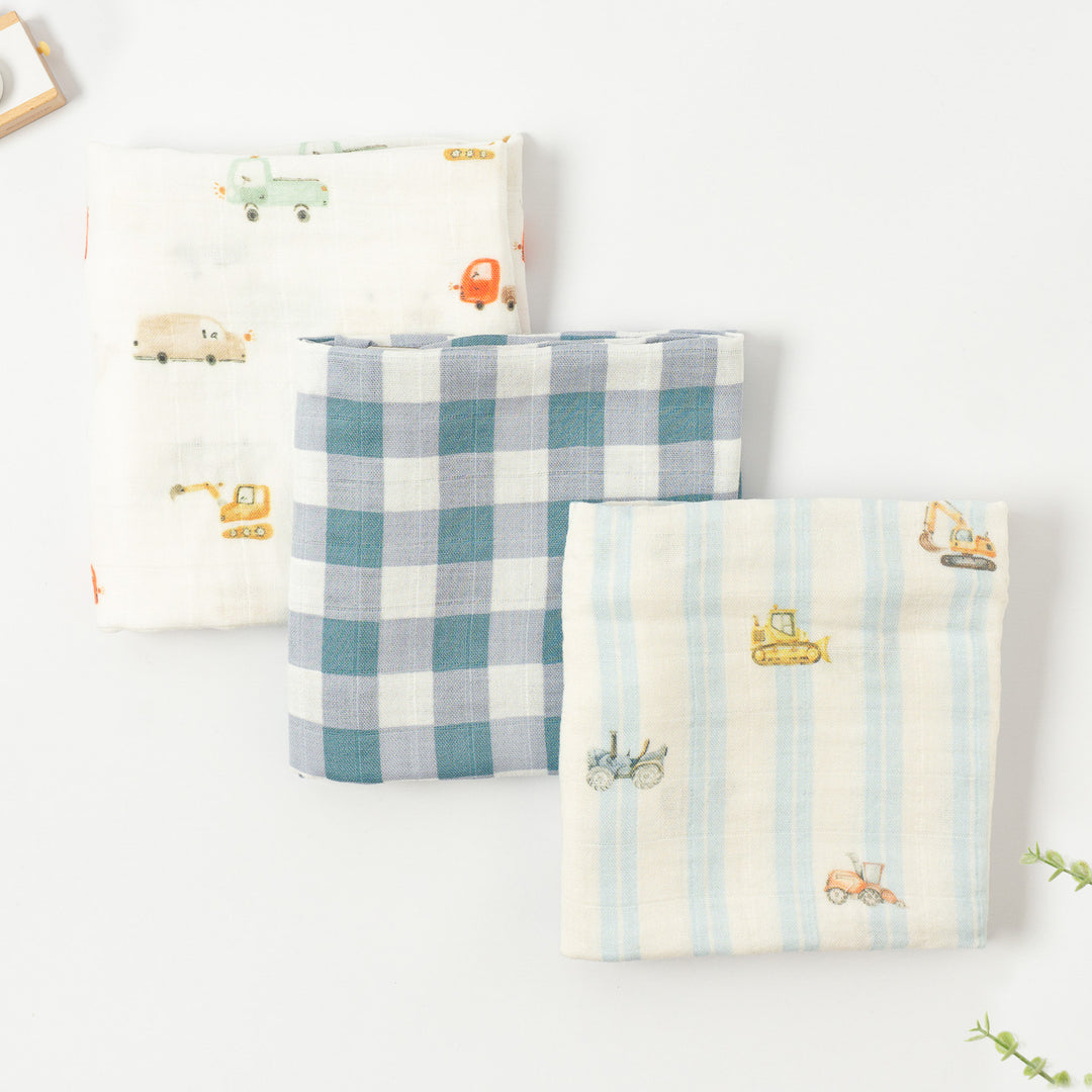 Three bamboo muslin cloths with vehicles, blue gingham and striped digger prints, folded, set of 3, 60x60cm