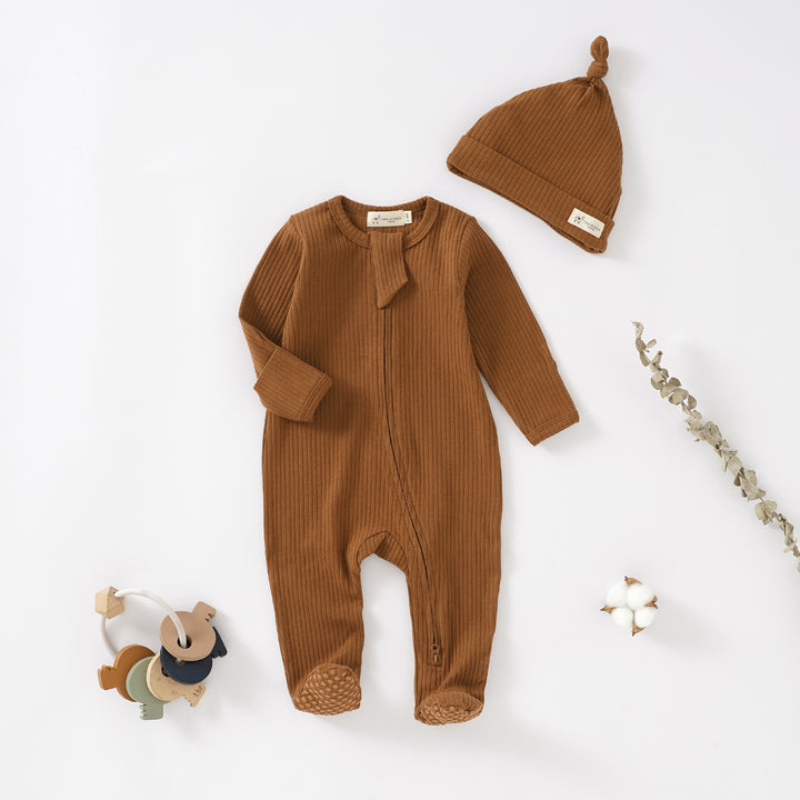 Organic Cotton Ribbed Sleepsuit & Hat Set with Two Way Zipper | 0-24 M