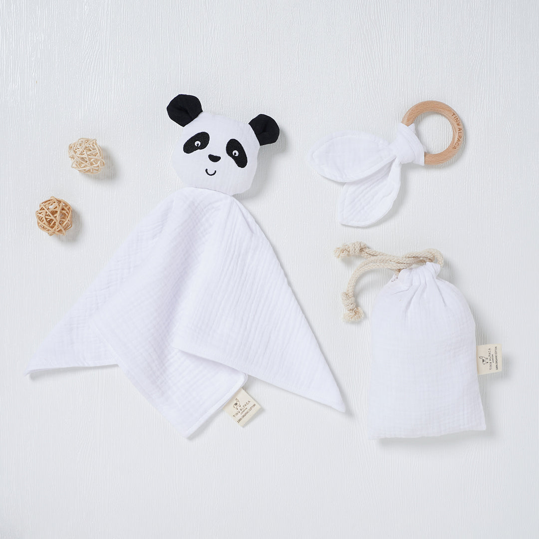 Panda Organic Cotton Comforter with Teether and Drawstring Bag