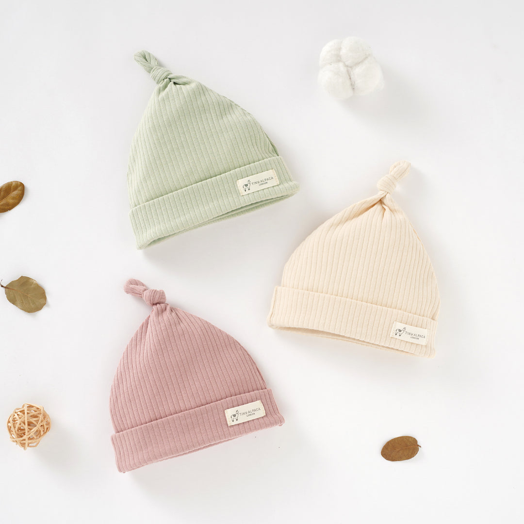 Organic Natural Cotton Ribbed Baby Hats Set of 3 (0-6 months) (Lime, Blush and Cream)