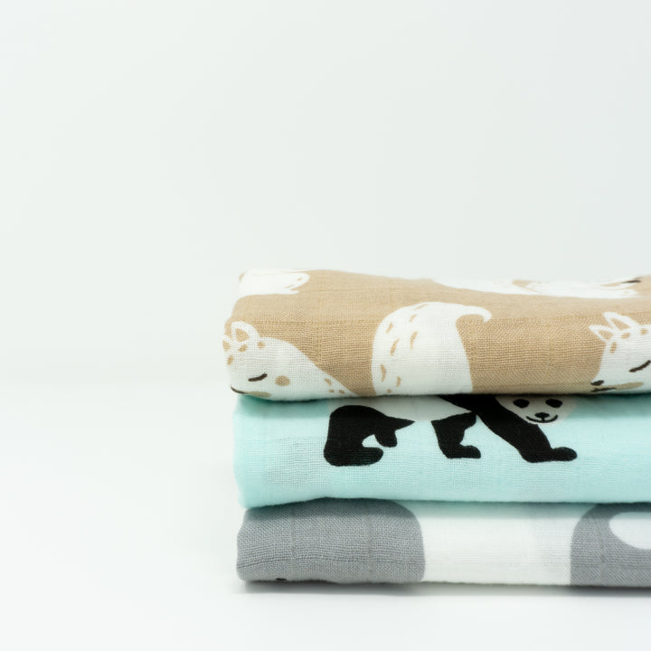 Organic Cotton Muslin Cloths "Whale, Panda & Squirrel" Set of 3 60x60CM