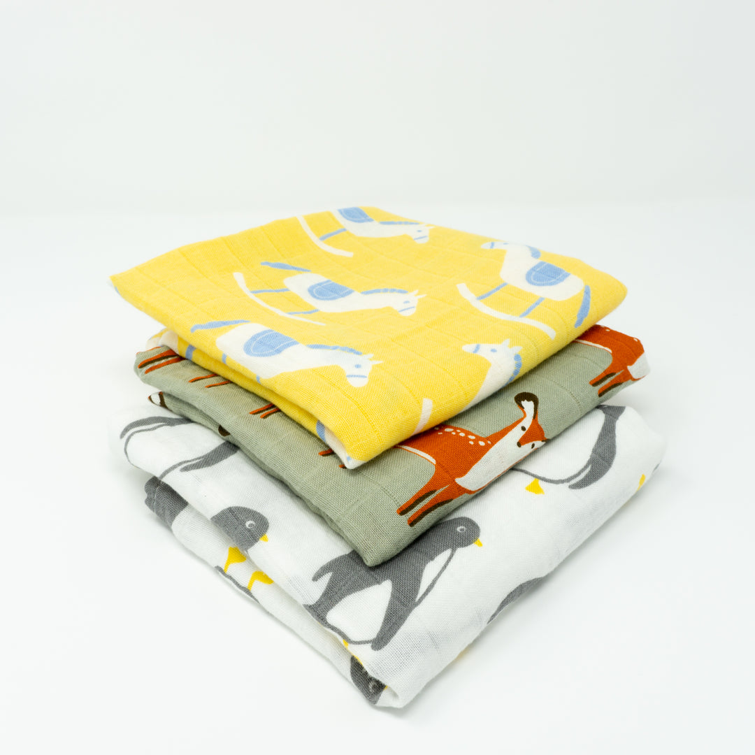 Organic Cotton Muslin Cloths "Penguin, Deer & Rocking Horse" Set of 3 60X60CM