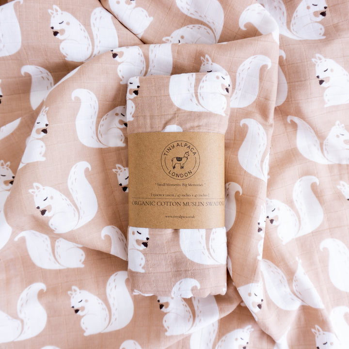 Organic Cotton Swaddle Wrap "Squirrel" 120X120CM - Tiny Alpaca UK