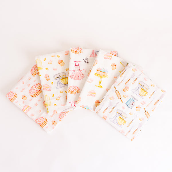 Organic Cotton Muslin Cloths "Cakes and Macaroons" (Set of 5) 60X60CM - Tiny Alpaca UK