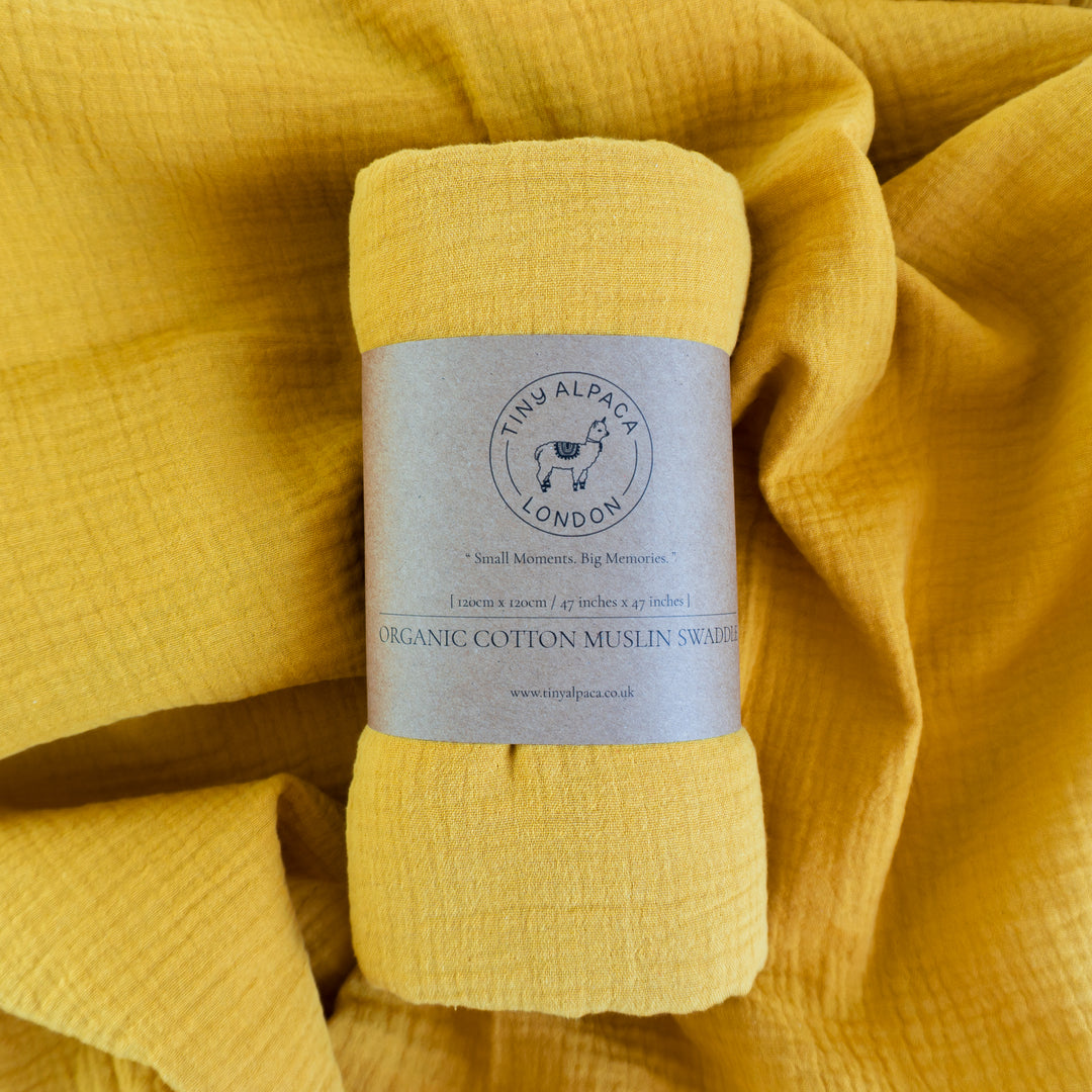 Organic Cotton Plain Swaddle Wrap "Turmeric" 120X120CM - Tiny Alpaca UK