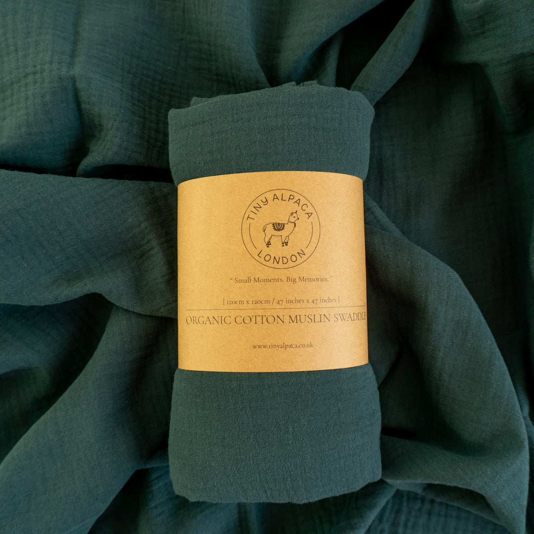 Organic Cotton Plain Swaddle Wrap "Jungle Green" 120X120CM - Tiny Alpaca UK