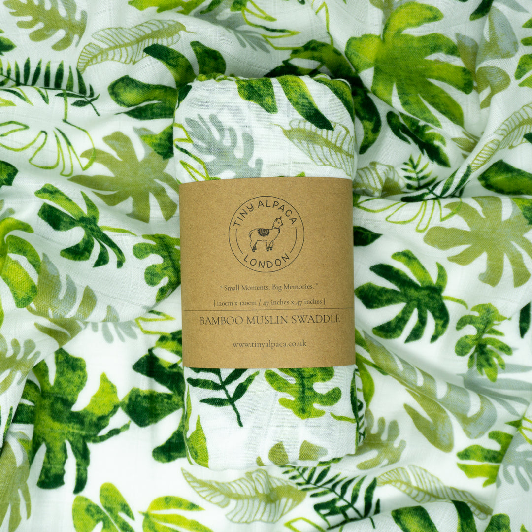 Bamboo Muslin Swaddle Wrap "Tropical Leaves" 120x120cm - Tiny Alpaca UK
