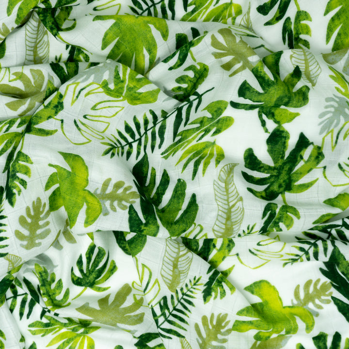 Bamboo Muslin Swaddle Wrap "Tropical Leaves" 120x120cm - Tiny Alpaca UK