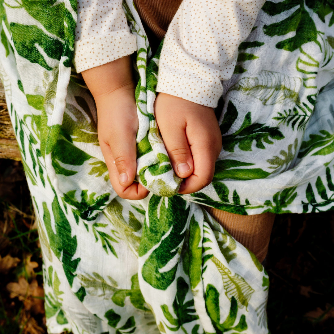 Bamboo Muslin Swaddle Wrap "Tropical Leaves" 120x120cm - Tiny Alpaca UK
