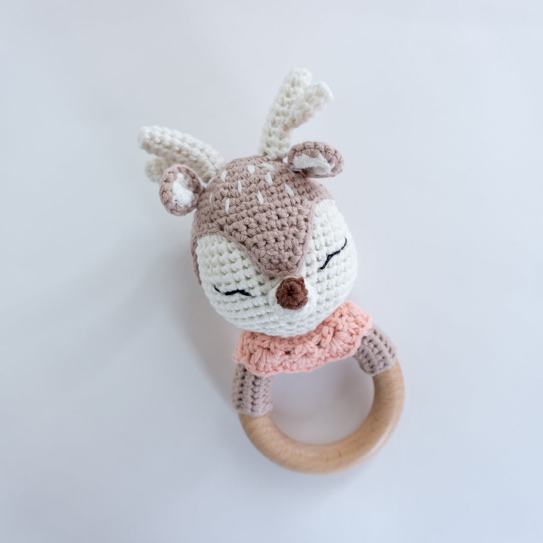 Crochet Rattle Teether in "Pink Deer"