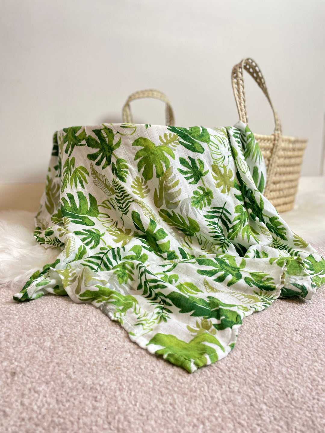 Bamboo Muslin Swaddle Wrap "Tropical Leaves" 120x120cm - Tiny Alpaca UK