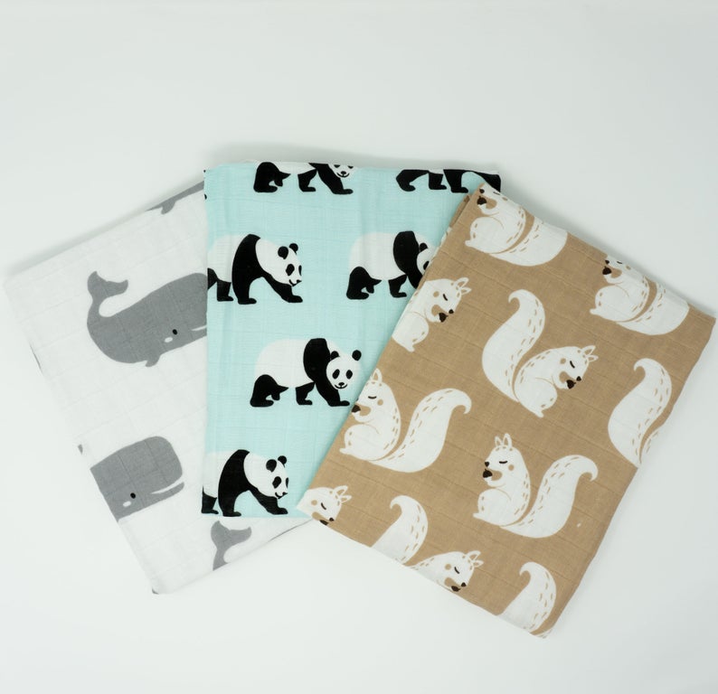 Organic Cotton Muslin Cloths "Whale, Panda & Squirrel" Set of 3 60x60CM